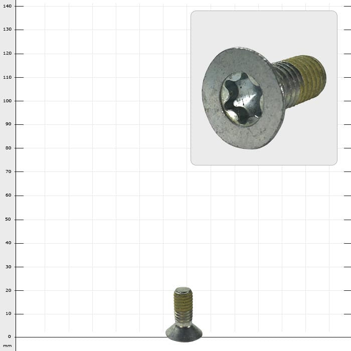 Vis Distel à tête fraisée Torx M8x20 avec tête fraisée et entraînement Torx, fabricant Distel, taille M8x20, représentée devant un fond à carreaux avec une vue agrandie de la tête de vis en haut à droite