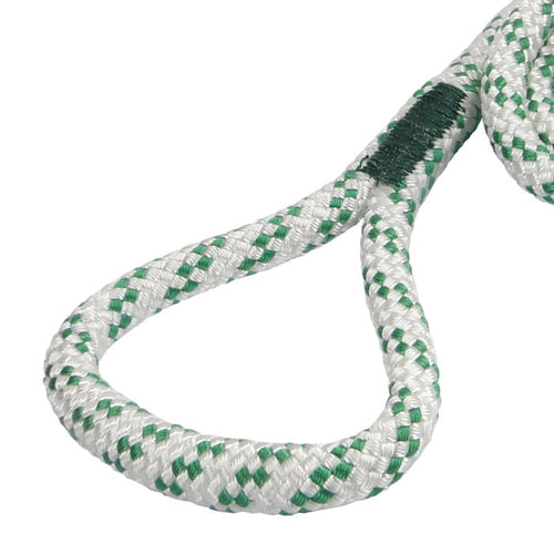 corde pulleySAVER 2.0, gros plan de la boucle tressée blanche et verte avec renfort vert au niveau de la couture