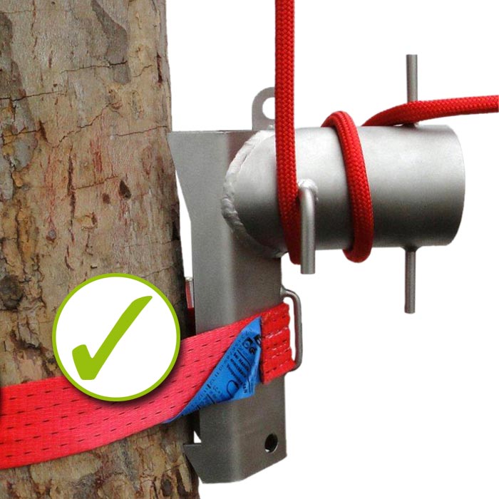 MiniBollard, dispositif en métal gris sur un arbre avec ceinture rouge et corde rouge, symbole de la coche verte en bas à gauche