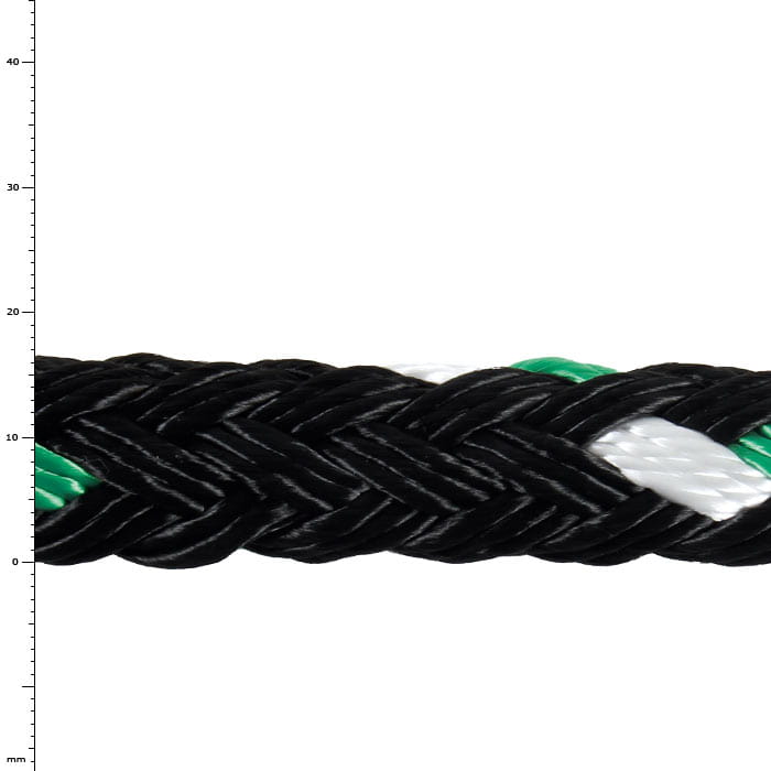 GEFA 4T PES vert, gros plan d’une corde tressée noir-vert-blanc en polyester