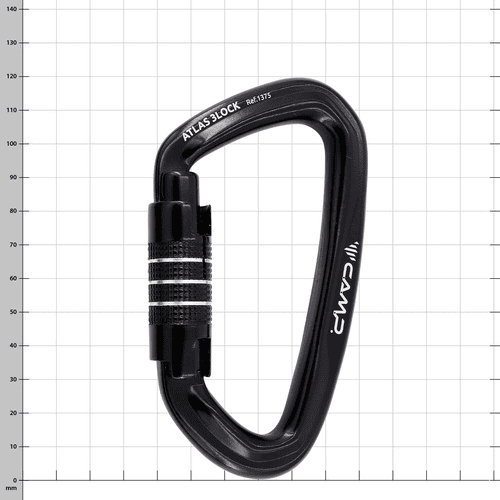 Mousqueton noir avec serrure à vis, nom du produit Atlas 3Lock, fabricant CAMP, type Ref. 1375