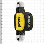 Absorbica by Petzl en jaune et noir, carrément tapissé de lettrages Petzl et Absorbica blancs, sur fond quadrillé avec deux œillets en plastique gris aux extrémités