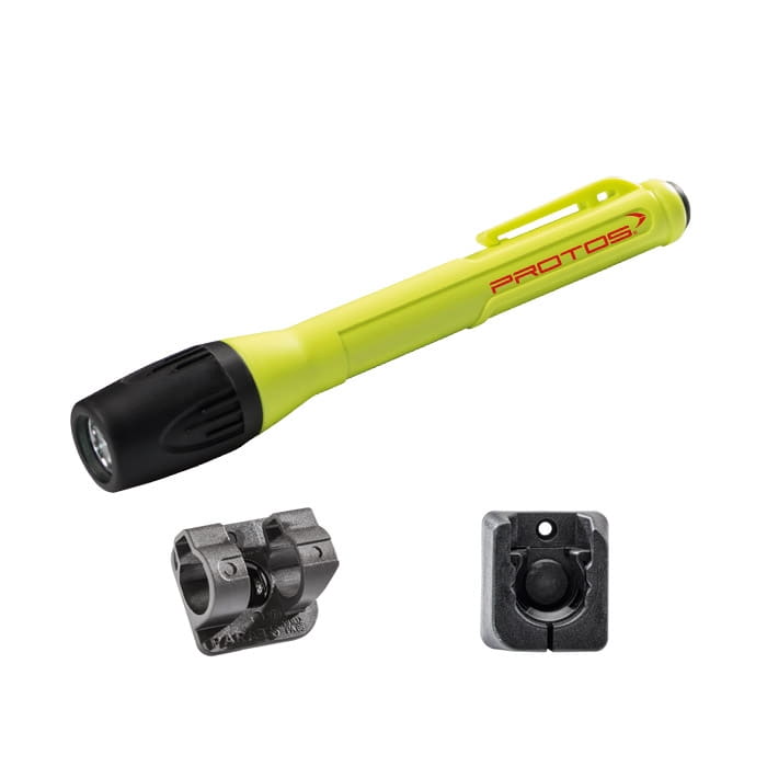 Lampe stylo jaune PROTOS® Maclip Light Mini L avec pointe noire et logo PROTOS rouge, plus deux supports en métal gris