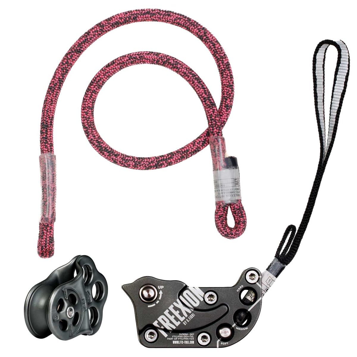 Auto-stop Freexion System Hitch Climber avec bloc en métal noir, poulie noire et deux cordes, une rouge-noir et une noir-blanc
