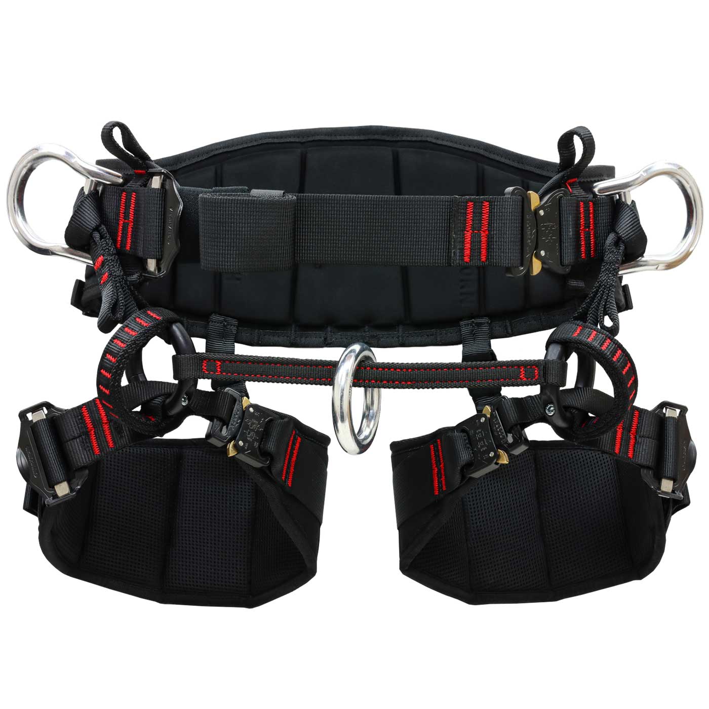 Harnais d’escalade noir treeAustria Pro taille 3 avec coutures rouges, anneaux métalliques et poignets de jambe rembourrés à l’avant