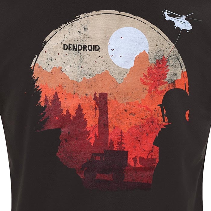 T-shirt Dream Day de DENDROID en noir avec gros plan du motif au dos montrant un paysage avec des arbres rouges et orangers, des montagnes, une lune blanche, un hélicoptère et une personne portant un casque
