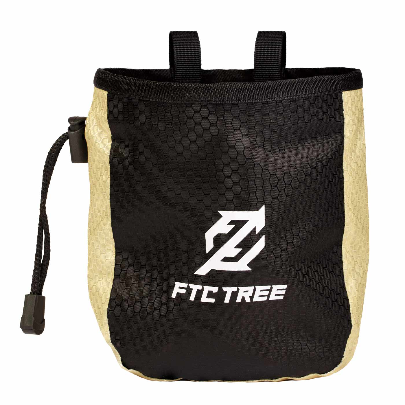 Sac SRT de FTC Tree en noir avec bande latérale beige et logo blanc sur le devant, avec deux boucles en haut et cordon de serrage sur la gauche