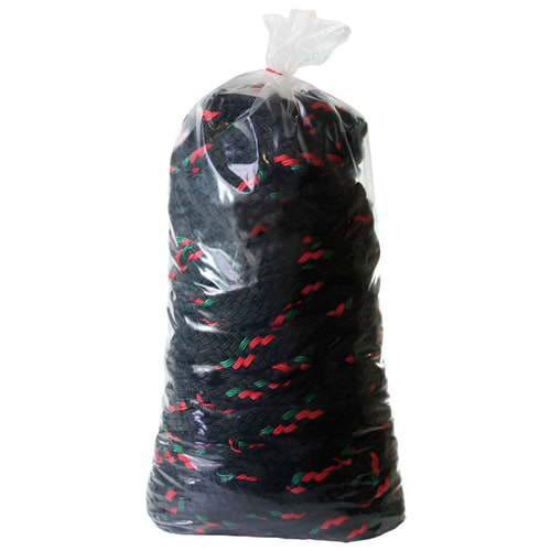 Corde tressée noire ArboLine 4T avec des fils rouges et verts, emballée dans un sac en plastique transparent
