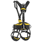 Harnais d’escalade Astro Bod Fast de Petzl en noir avec accents jaunes et tours de cuisse et de hanche rembourrés, dos vu