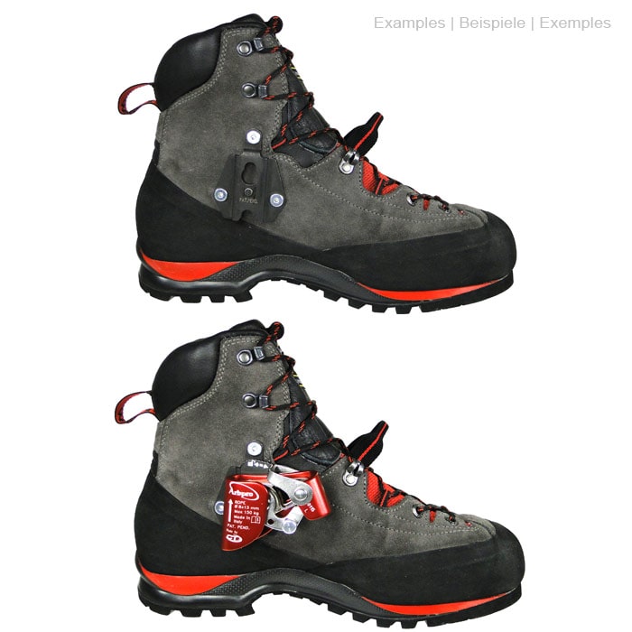 Plaque Quickstep fixée à une chaussure de randonnée grise avec des détails noirs et rouges, y compris un cadre d’escalade rouge sur une autre chaussure du même type.