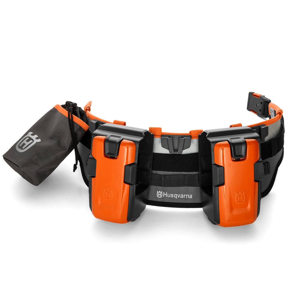 Flexi Carrier Kit de Husqvarna, ceinture noire et orange avec deux supports orange et noir et un sac noir avec le logo Husqvarna