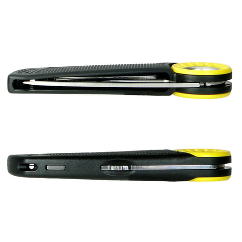 Couteau pliant Petzl Spatha avec manche noir et anneau jaune, couteau fermé de deux côtés