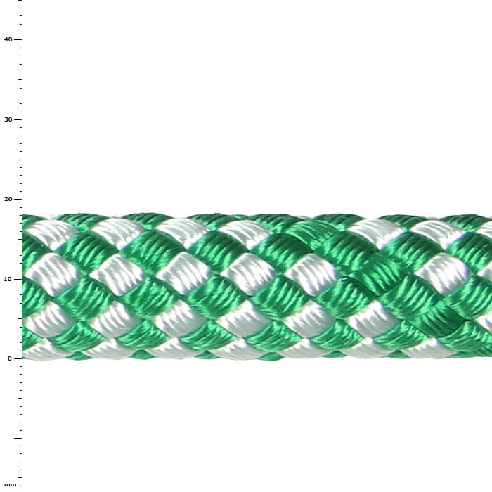 Sirius Bull Rope 18 de Sirius, gros plan d’une corde tressée verte et blanche