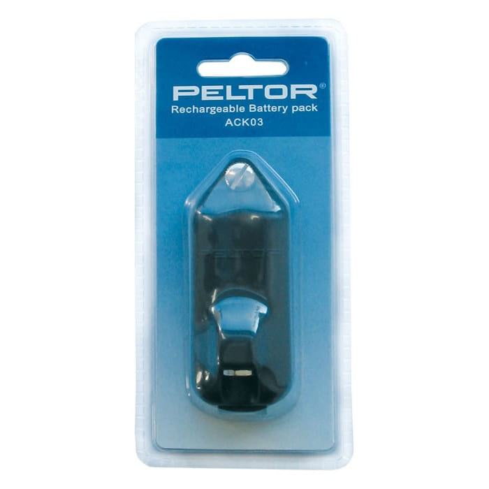 Batterie rechargeable Peltor ACK03 dans un emballage blister transparent avec fond bleu, fabricant Peltor, nom du produit Lite Com ACK03 batterie