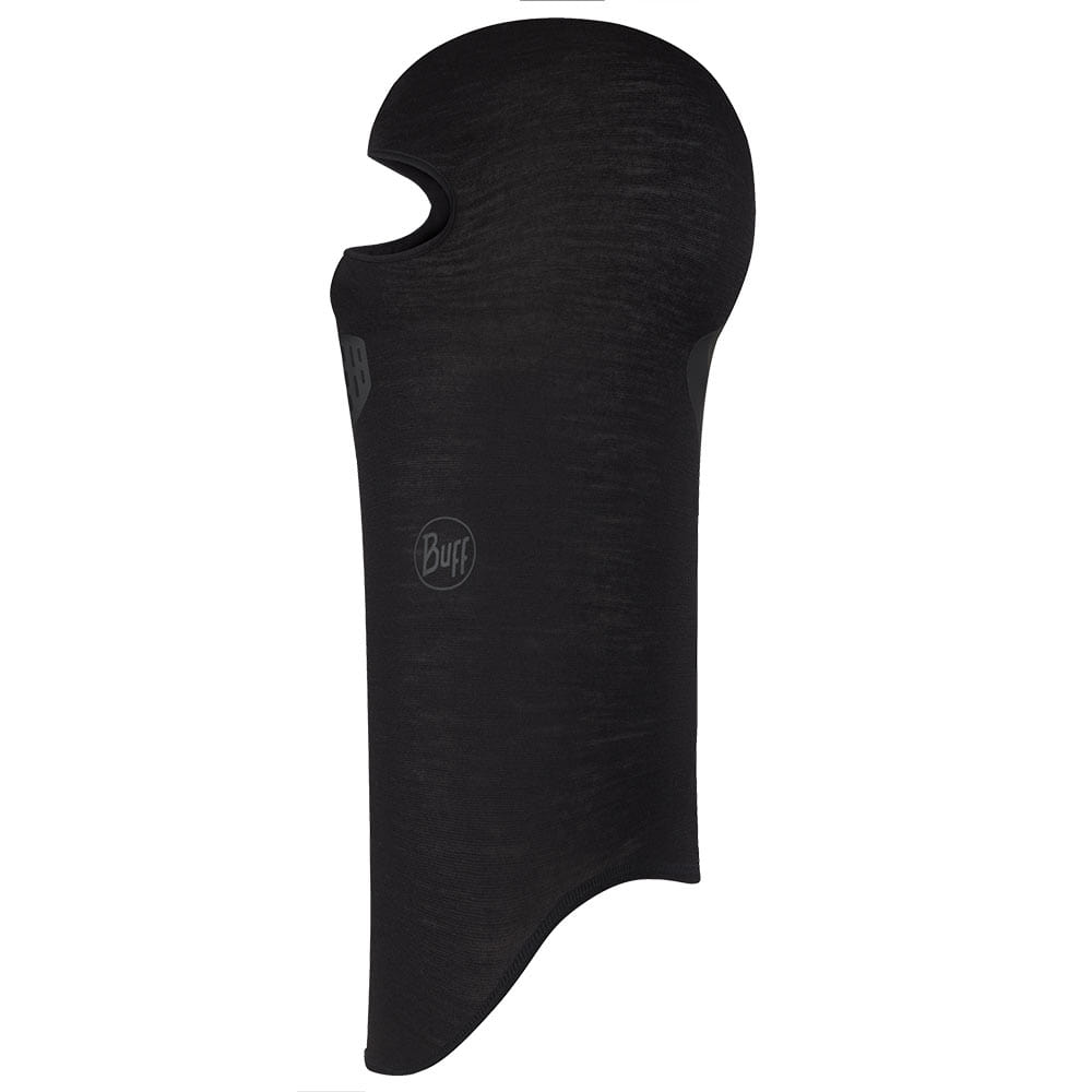 Cagoule mérinos de Buff, cagoule noire avec logo sur le devant et ouverture pour le visage