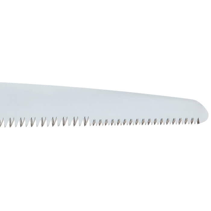 Gros plan sur la lame dentée de la scie à main Gomtaro Pro Sentei 300-8-14 à dents fines et à extrémité arrondie