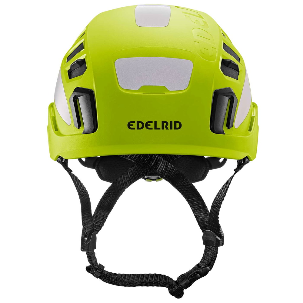 Casque d’escalade Tectum Air Hi-Viz d’Edelrid en jaune vif avec réflecteurs blancs et mentonnière noire, vue de face avec logo de la marque Edelrid visible