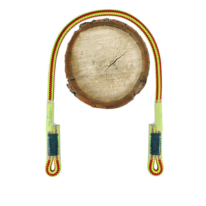 Longe XP-e, corde rouge et jaune à deux extrémités de boucle, sur fond de disque en bois