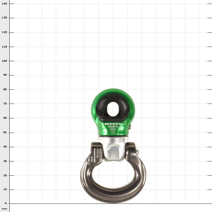 Mini-Swivel Focus L, pièce métallique verte et argentée avec partie supérieure ronde et grand crochet en bas, nom du produit visible