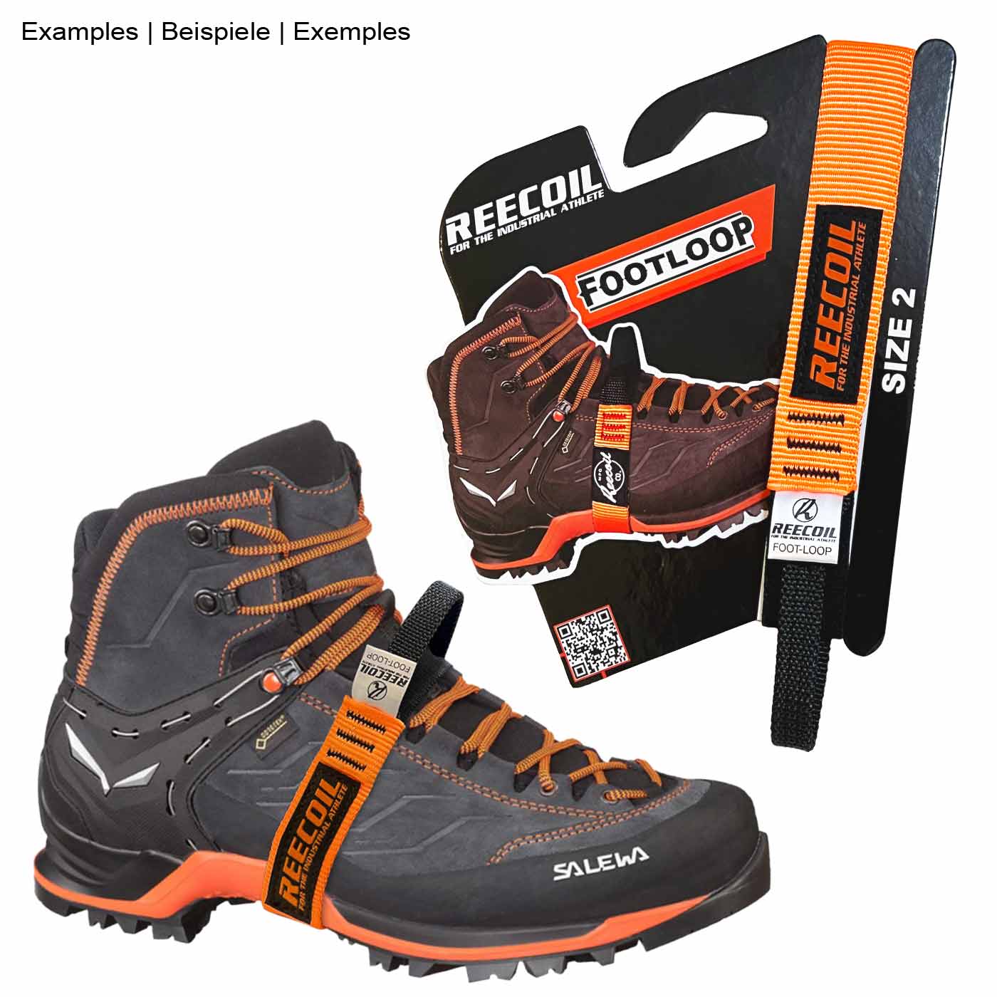 Foot Loop 2 de Reecoil, sangle de pied orange attachée à une chaussure de montagne Salewa noire, emballage en arrière-plan