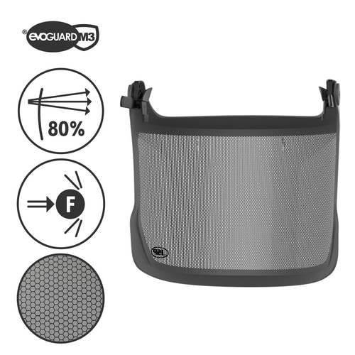 Evoguard M3 Visière forestière avec cadre gris et maille noire, à côté des symboles et du logo