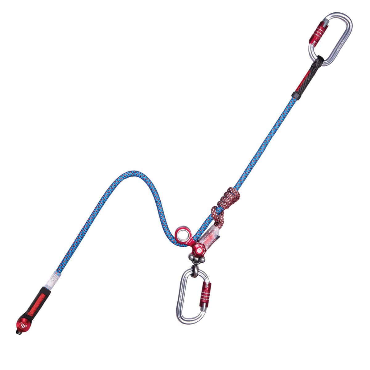 Longe gyroscopique simple, corde d’escalade avec deux mousquetons, corde bleu-rouge et pièces métalliques rouges