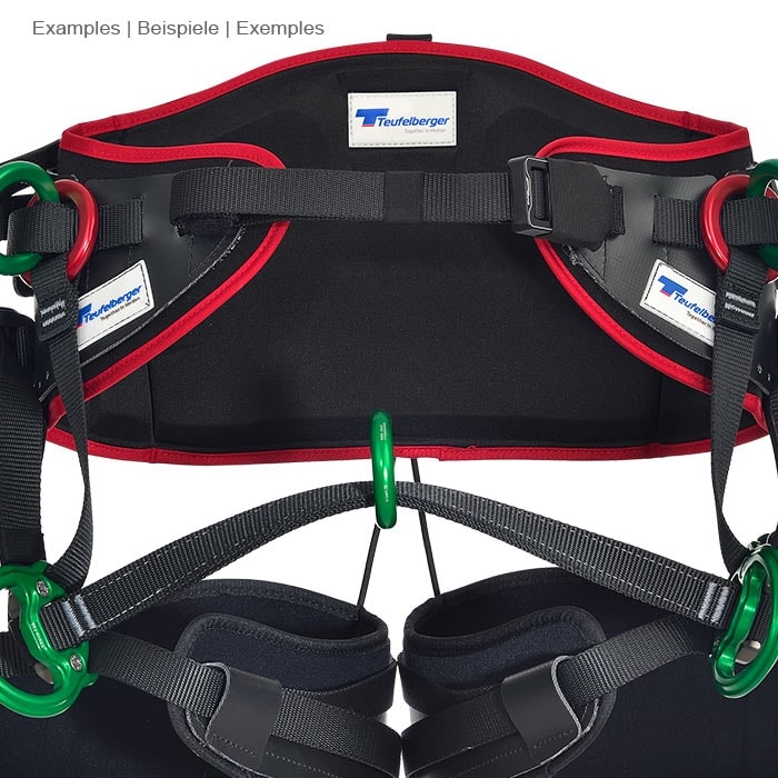 ceinture abdominale noire et rouge avec anneaux en métal vert et logo Teufelberger, partie de la bande centrale treeMOTION Evo