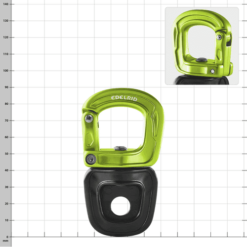 Cupid Swivel Mix d’Edelrid, mousqueton vert et noir avec fermeture pivotante, vue de face sur fond à damier