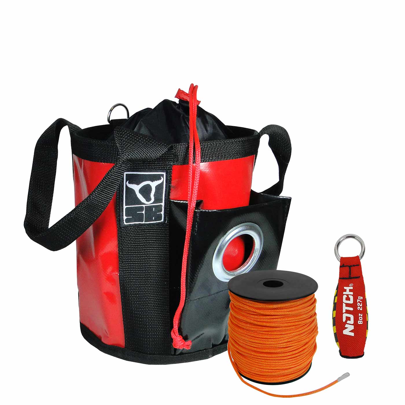 Mini Fly Set avec sac en corde rouge et noir avec poignée de transport, un rouleau de corde orange et un poids à encoche rouge avec anneau en métal