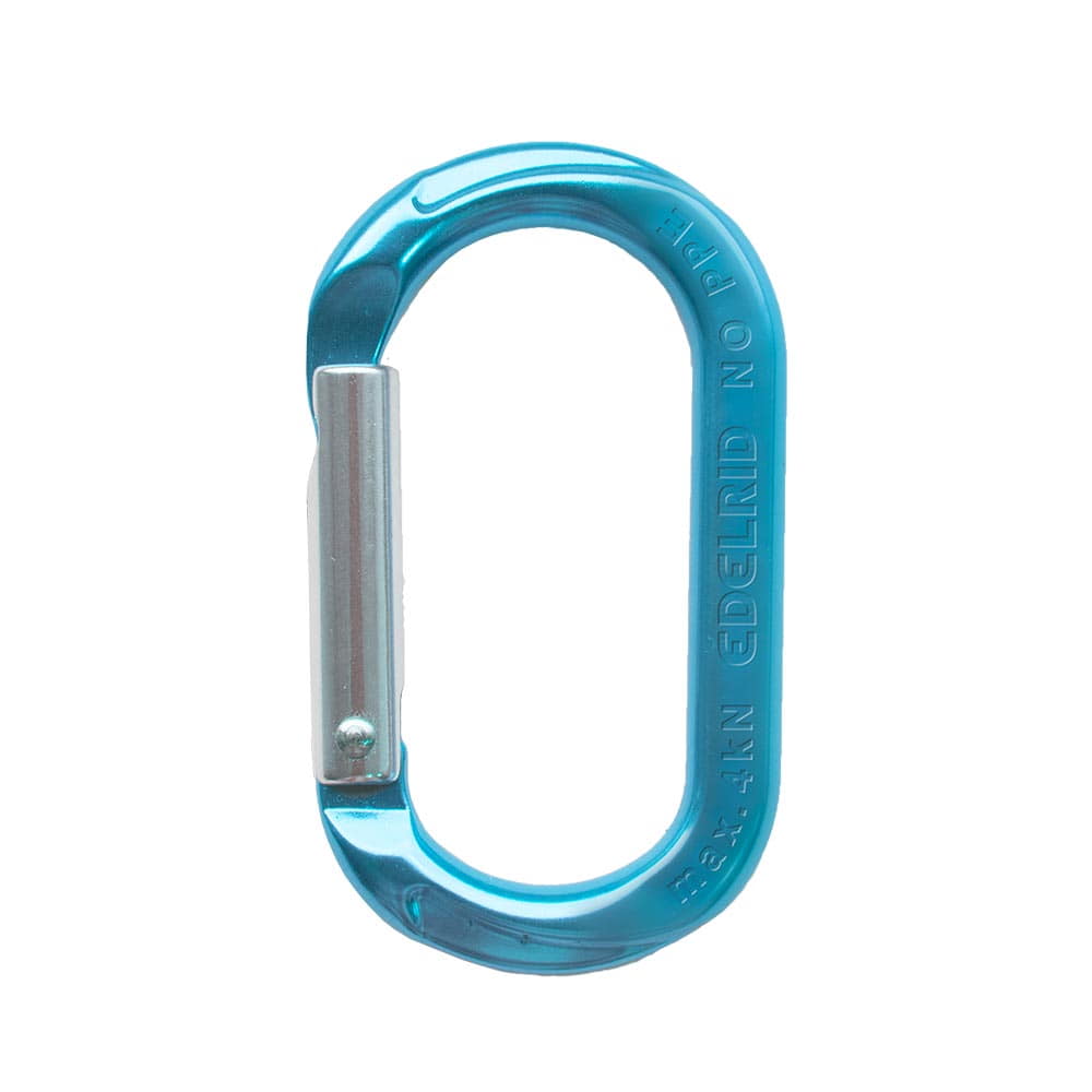 mousqueton Mini-O bleu avec ressort de verrouillage argenté, fabricant non visible