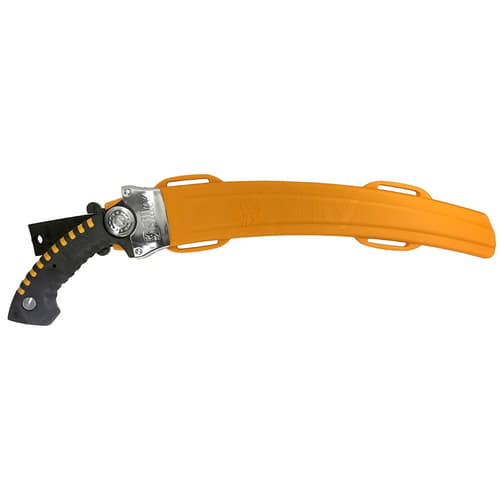Scie à main Silky Sugoi 360-6.5-5.5 dans un étui de protection orange avec poignée noire et fermoir en métal argenté