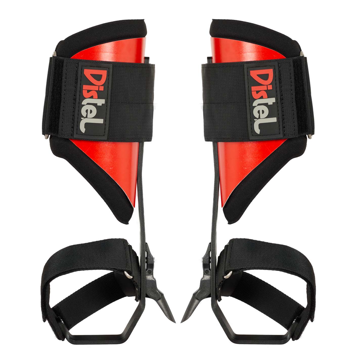 Distel Steel Velcro de Distel, deux éperons en acier rouge et noir avec velcro et sangles noires, photographiés de face