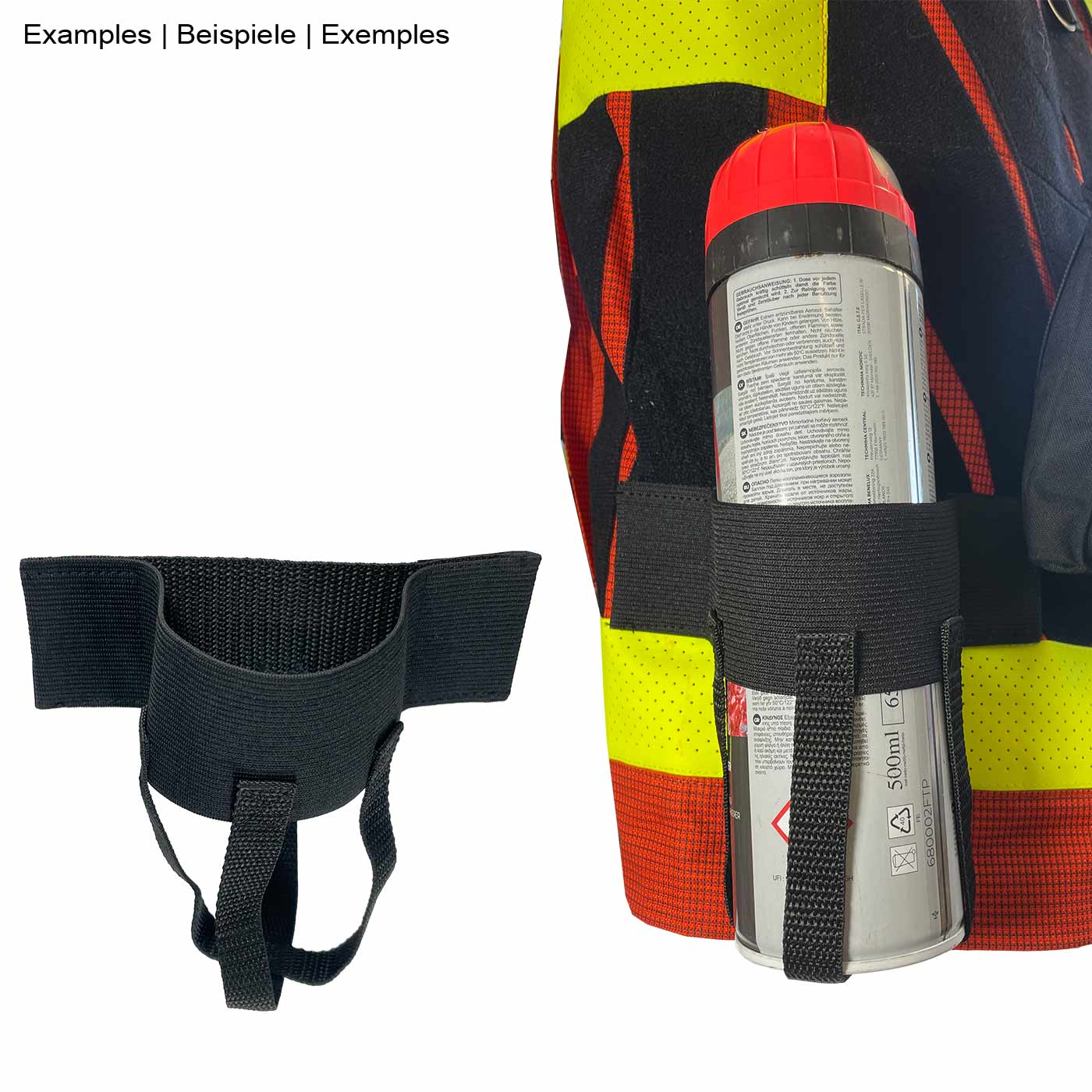 Ensemble de base My Gear Vest avec attache élastique noire avec boucles, attaché à un gilet haute visibilité avec une bombe aérosol