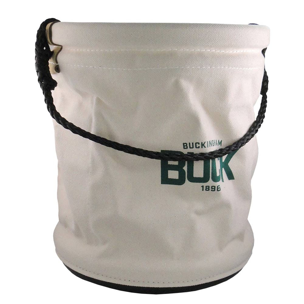 Matériau Seau, récipient en tissu blanc avec anse noire et inscription verte « BUCKINGHAM 1896 »