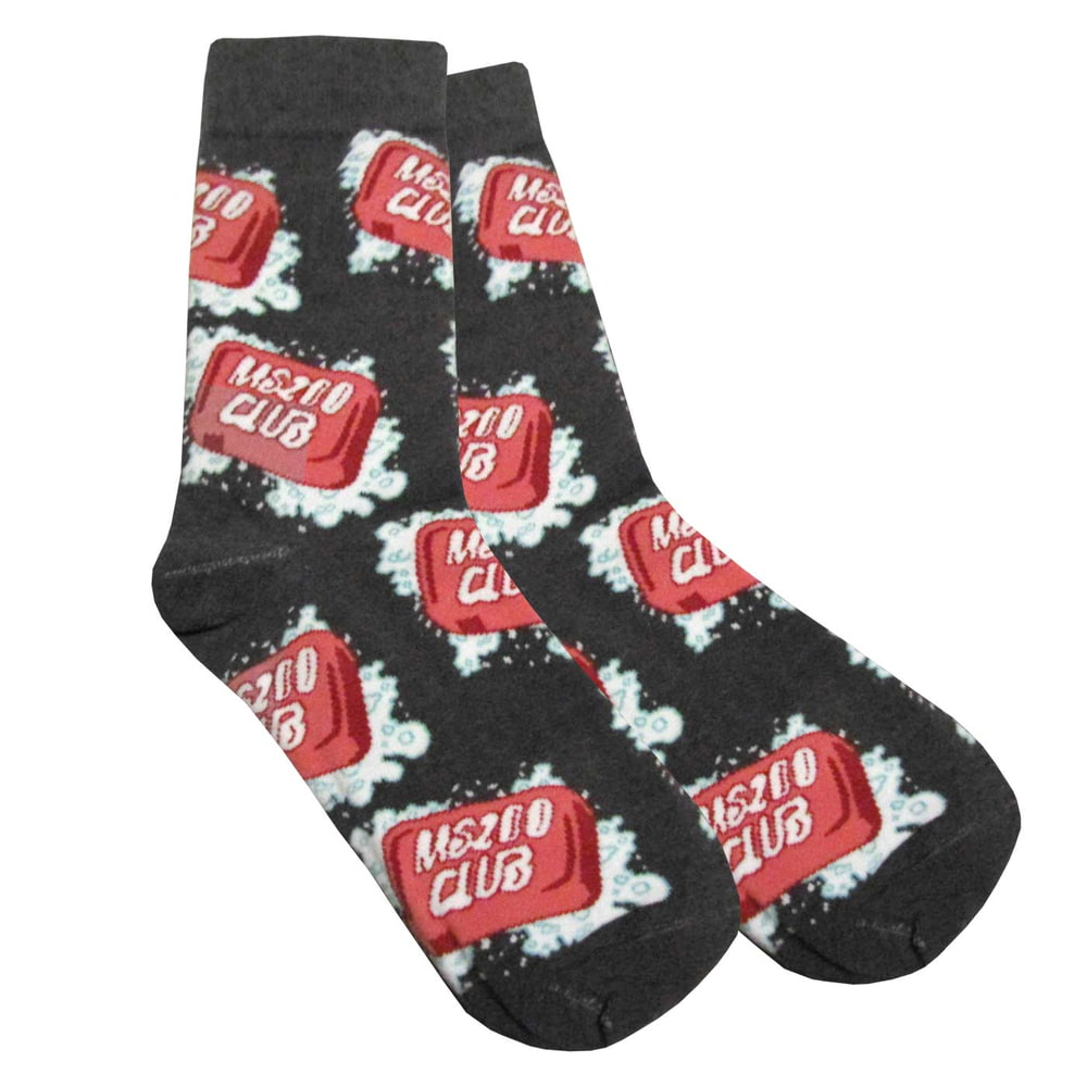 Chaussettes MS200 Club en gris foncé avec logo rouge répété « MS200 CLUB » et motif en mousse blanche dessus