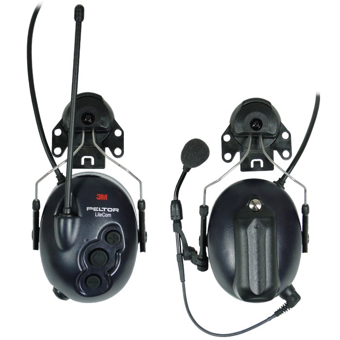 Casque d’écoute 3M Peltor Lite Com avec microphone, antenne, boutons de commande et support, vue avant et arrière