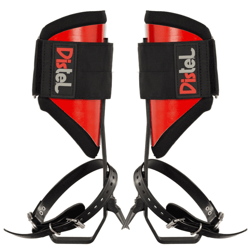 Distel Steel Classic, deux patins en métal rouge et noir avec sangles noires et l’inscription « Distel » sur les fermetures velcro noires