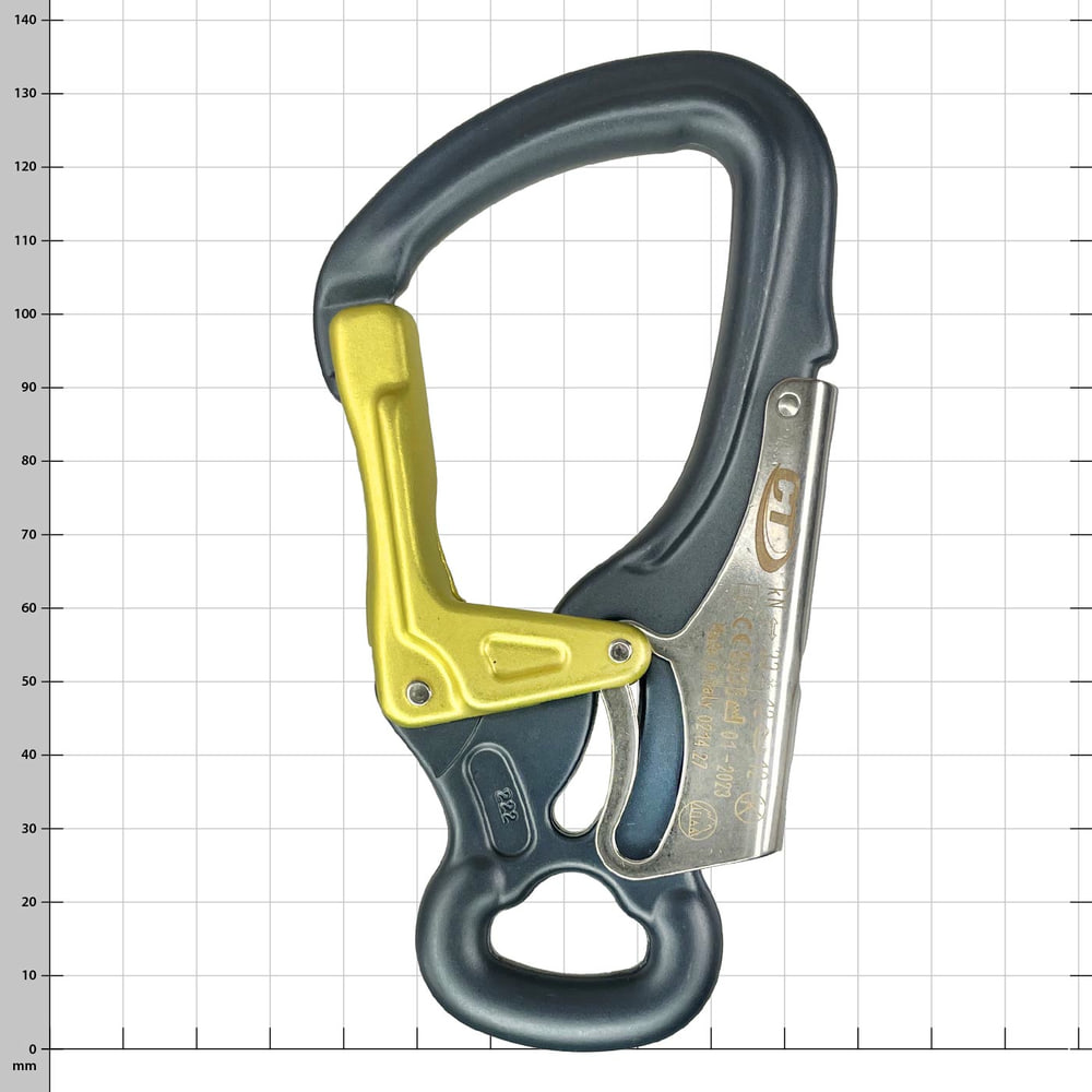 Mousqueton Ferrata DSG en gris foncé avec fermoir de sécurité jaune et pièce en métal argenté avec gravure