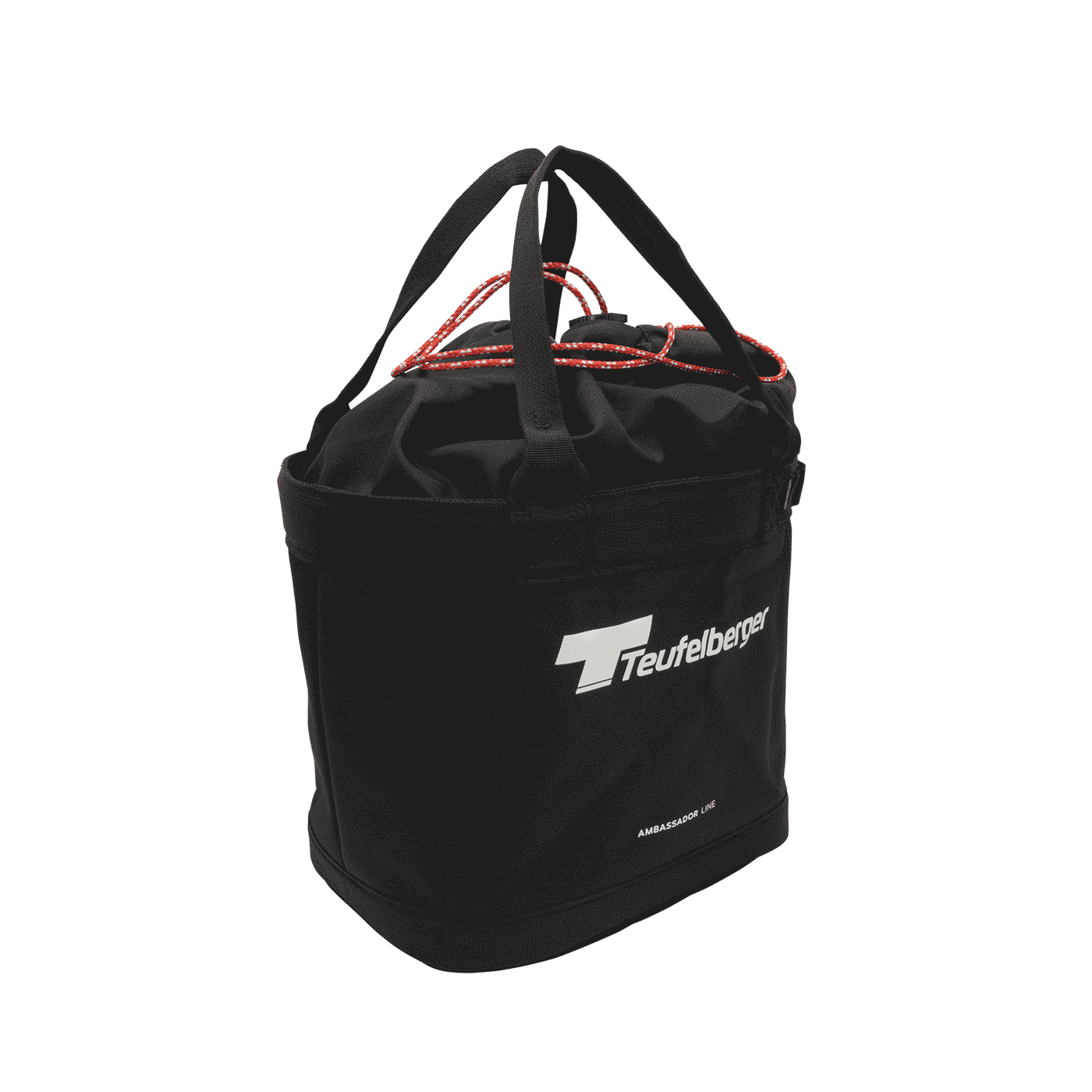Bucket Mule de Teufelberger, sac rond noir avec deux poignées noires et fermeture à cordon rouge, devant avec logo Teufelberger blanc et inscription « AMBASSADOR LINE »