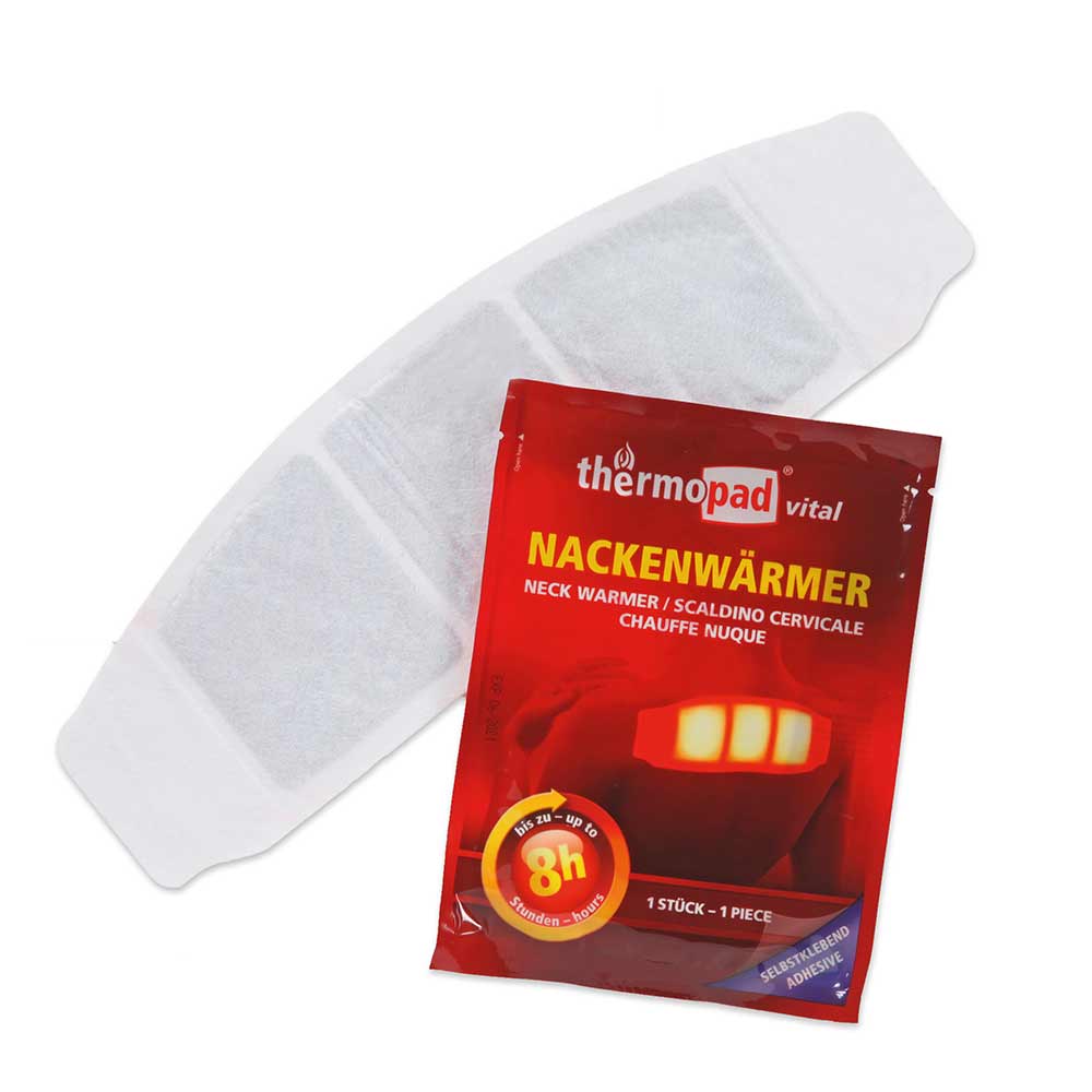 Cache-cou de thermopad vital dans un emballage rouge avec des lettres jaunes et un patch chauffant allongé blanc avec des surfaces adhésives aux extrémités