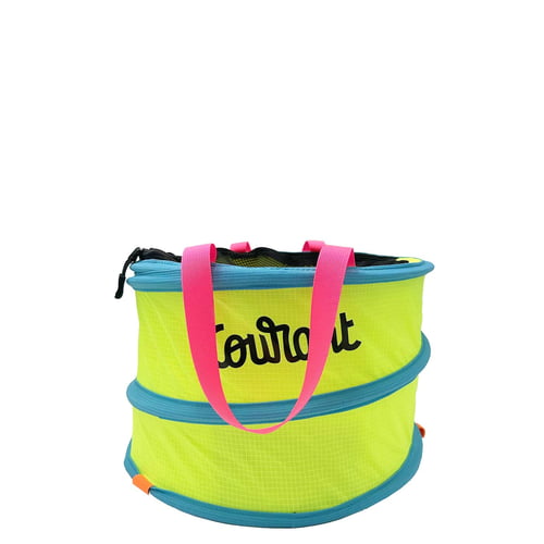 Sac Pelican S en jaune vif avec bordures bleues et poignées roses