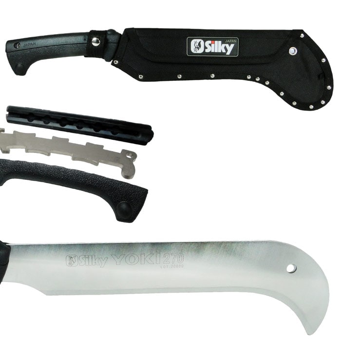 Machette Yoki 270 de Silky avec manche noir partiellement démonté, lame argentée avec lettrage Silky Yoki 270 gravé et étui noir avec logo Silky