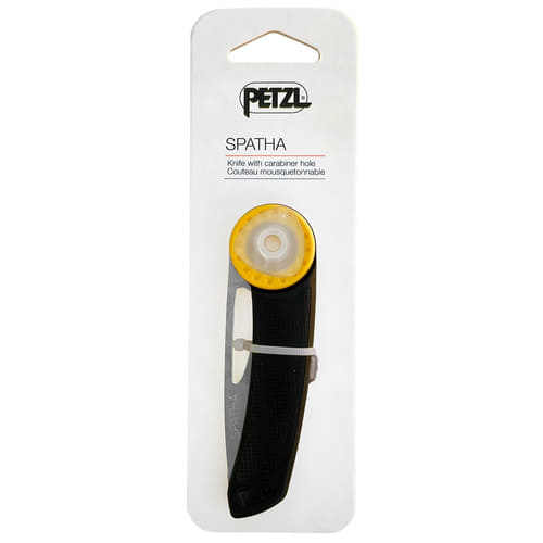 Couteau pliant Petzl Spatha emballé sur carton blanc avec le logo Petzl et le nom du produit « SPATHA »