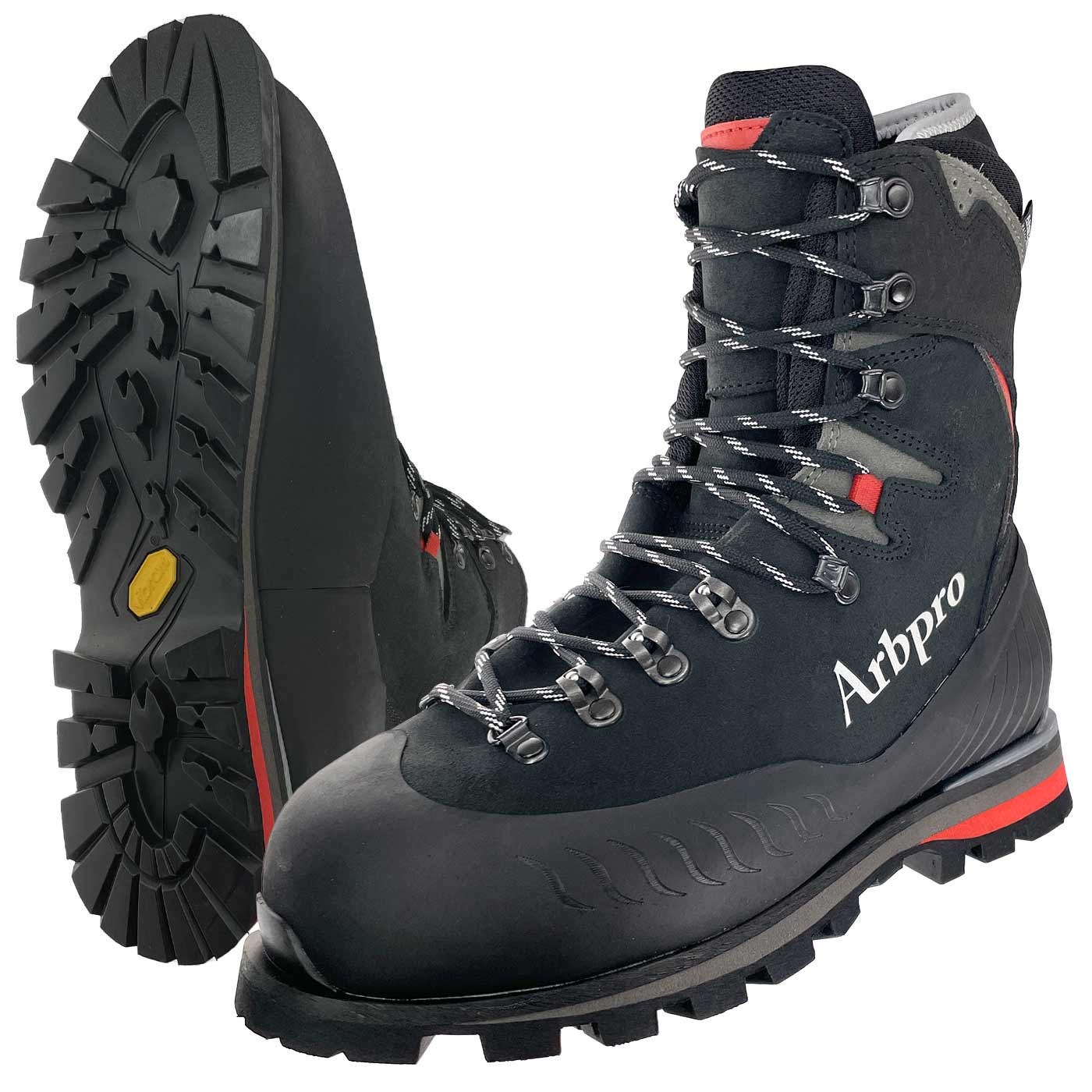 Chaussure de travail haute Orion Arbpro noire avec lacets et semelle crantée, vue de face et de côté