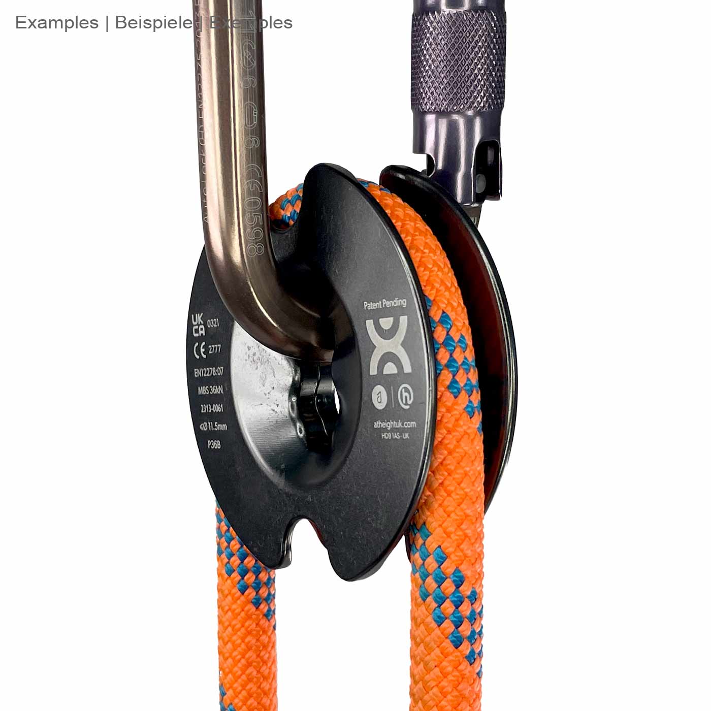 PoulieOne Pro poulie noire avec corde bleu orangé et mousqueton