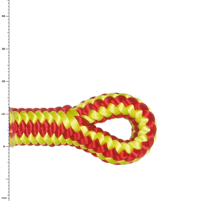 XP-e Highlight Splice, gros plan d’une extrémité de corde tressée rouge et jaune avec une boucle