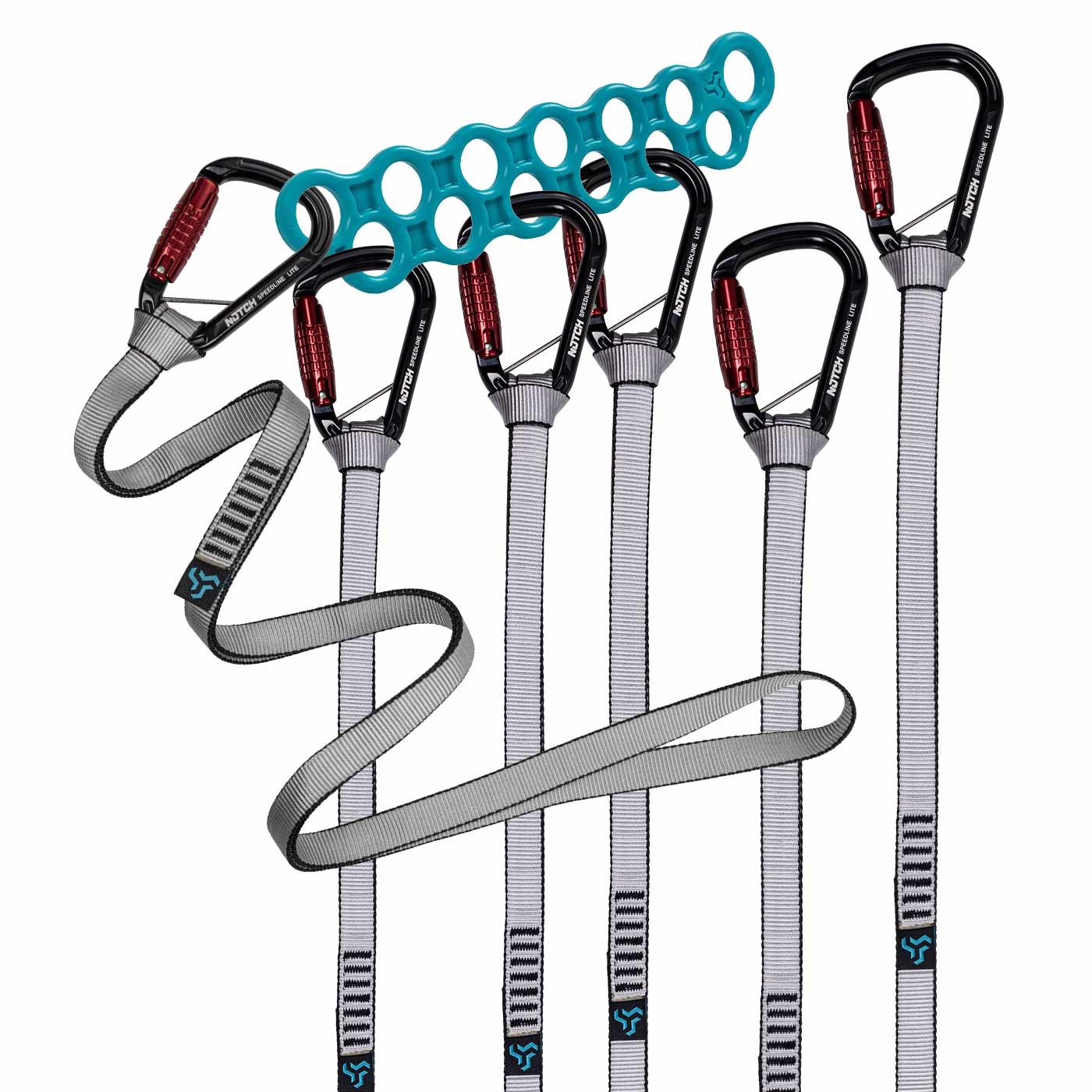 Kit Speedline Lite 40" avec cinq mousquetons noirs, sangles à boucles grises et connecteur bleu