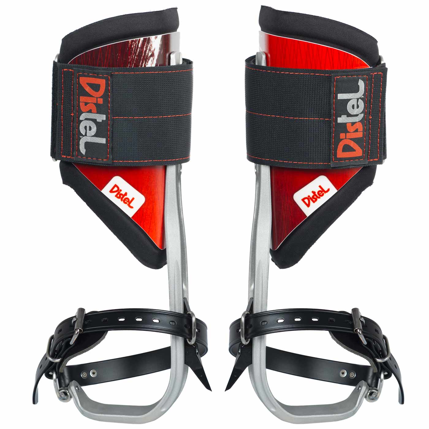 Distel Alu 3.1 Classic de Distel, deux éperons de via ferrata rouges et argentés avec sangles noires et fermeture velcro