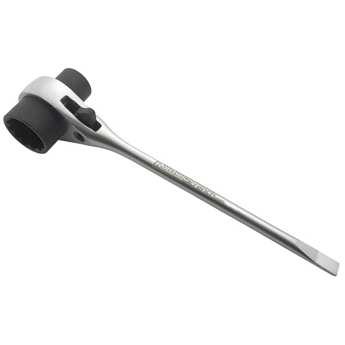 RatchetScrench, une clé à cliquet argentée avec une tête cylindrique noire et une extrémité de tournevis plate, avec inscription RatchetScrench sur la poignée