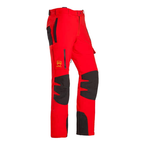 Pantalon de travail rouge Arborist Progress avec renforts noirs aux genoux et aux jambes, logo visible sur le côté, sous un angle différent
